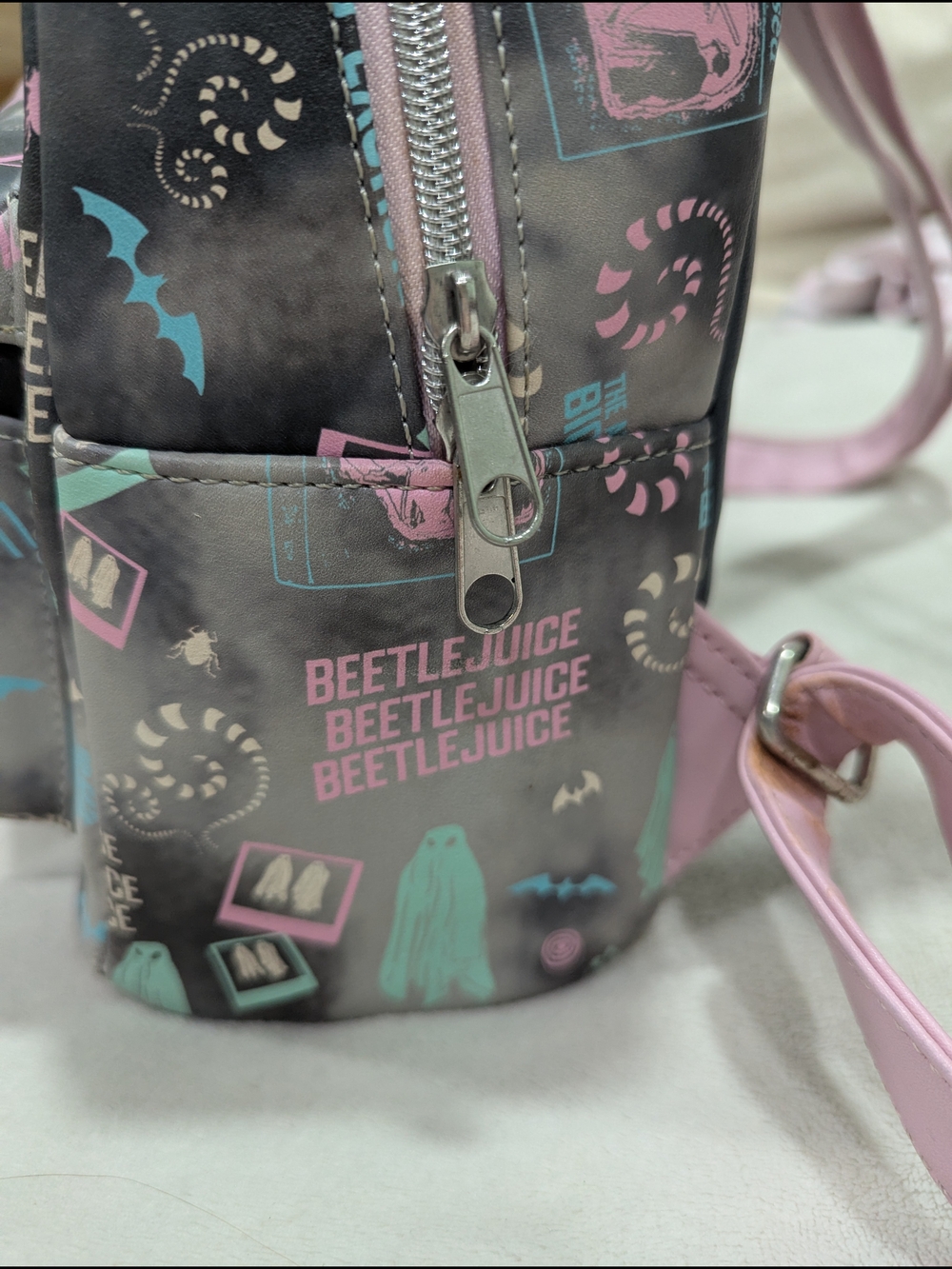 Loungefly Beetlejuice Mini Backpack - Black with Pink & Teal Print - Picture 4 of 6
